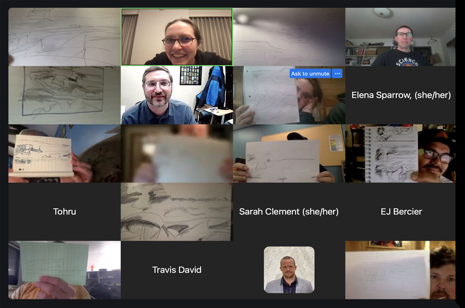Teachers share gesture drawings during an online workshop.